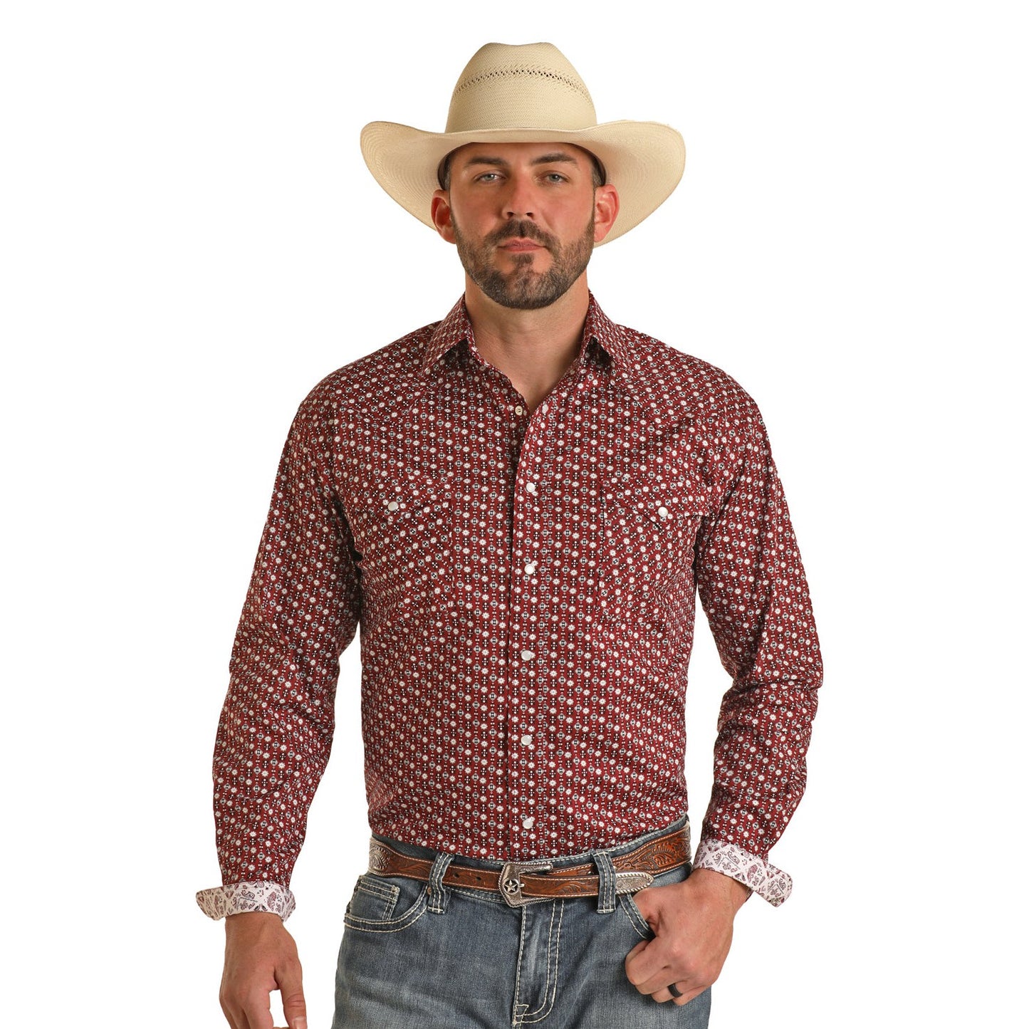 Rock & Roll Men's Long Sleeve 2 Pocket Snap Shirt - Maroon