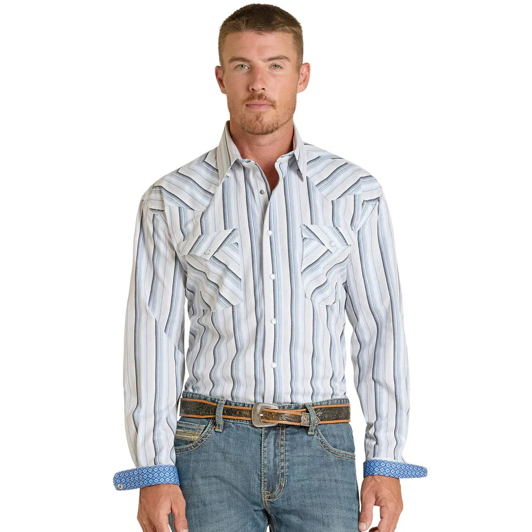 Panhandle Slim Men's Rough Stock Ombre Stripe Long Sleeve Snap Shirt - Sky Blue
