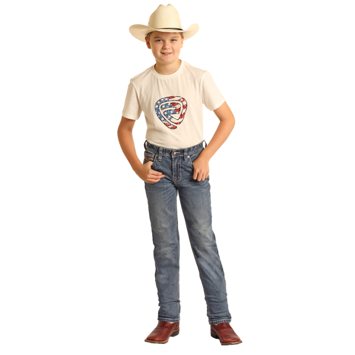 Rock & Roll Boy's Ivory Leather Embroidered Revolver Jeans - Medium Vintage