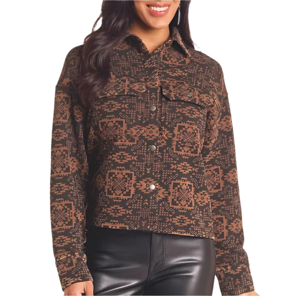 Rock & Roll  Women's Long Sleeve Tonal Aztec Print Overshirt - Black/Brown