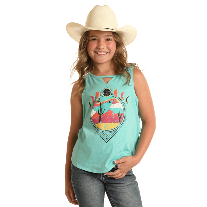 Rock & Roll Girl's V Detail Graphic Tank - Turquoise