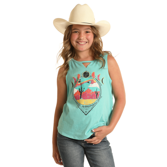 Rock & Roll Girl's V Detail Graphic Tank - Turquoise
