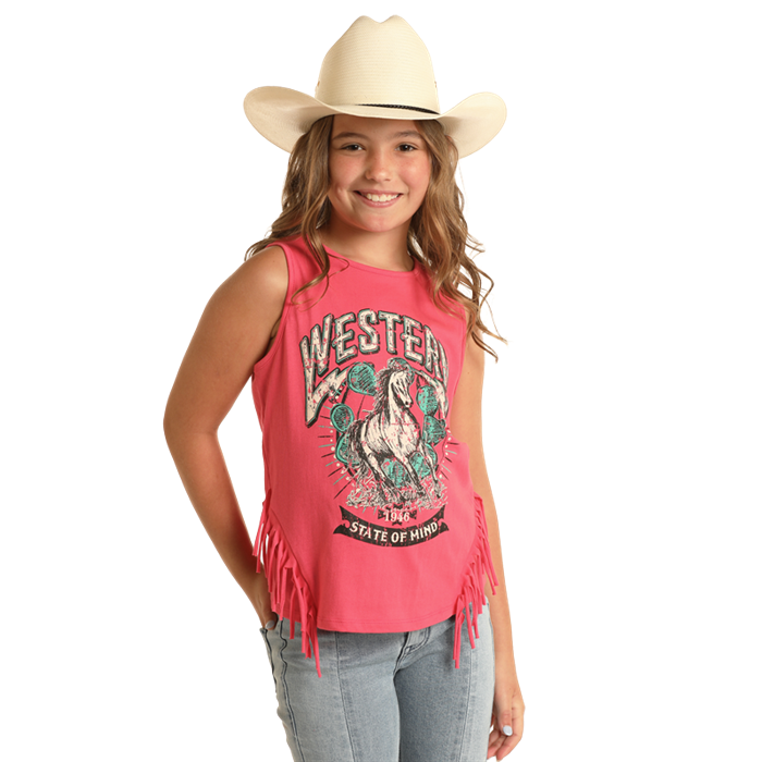 Rock & Roll Girl's Graphic Fringe Tank - Hot Pink