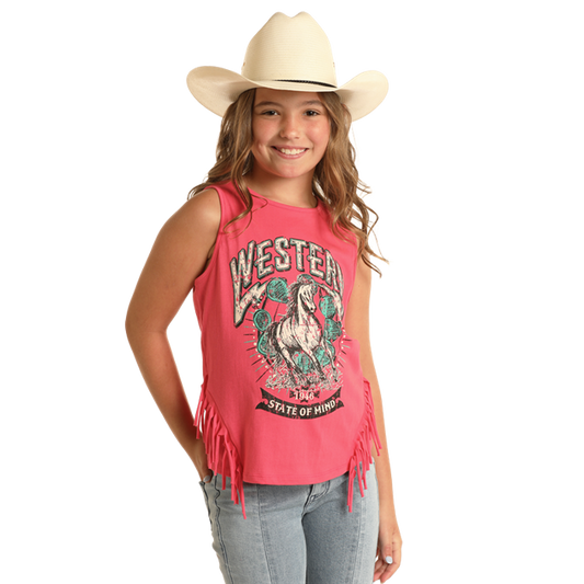 Rock & Roll Girl's Graphic Fringe Tank - Hot Pink