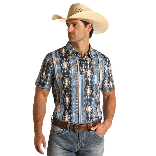 Rock & Roll Men's Aztec Printed Polo - Blue