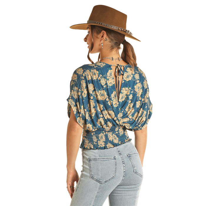 Rock & Roll Women's Smocked Floral Top - Navy