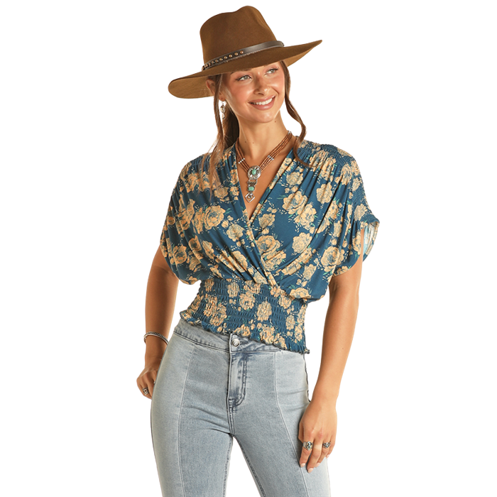 Rock & Roll Women's Smocked Floral Top - Navy