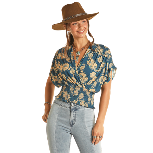 Rock & Roll Women's Smocked Floral Top - Navy
