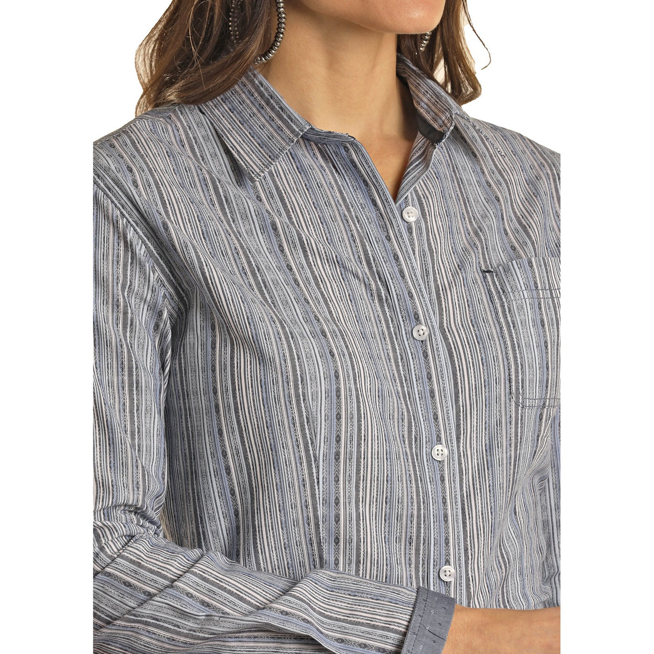 Rock & Roll Women's Dobby Stripe Long Sleeve Button-Down Shirt - Light Navy