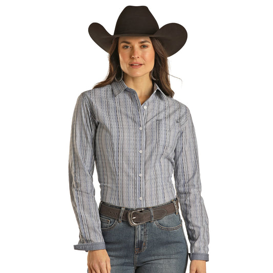 Rock & Roll Women's Dobby Stripe Long Sleeve Button-Down Shirt - Light Navy