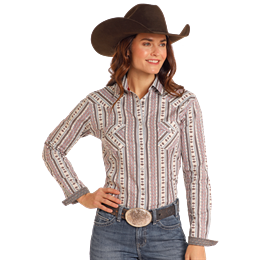 Panhandle Women's Long Sleeve Corduroy Snap Shirt- Multi Print