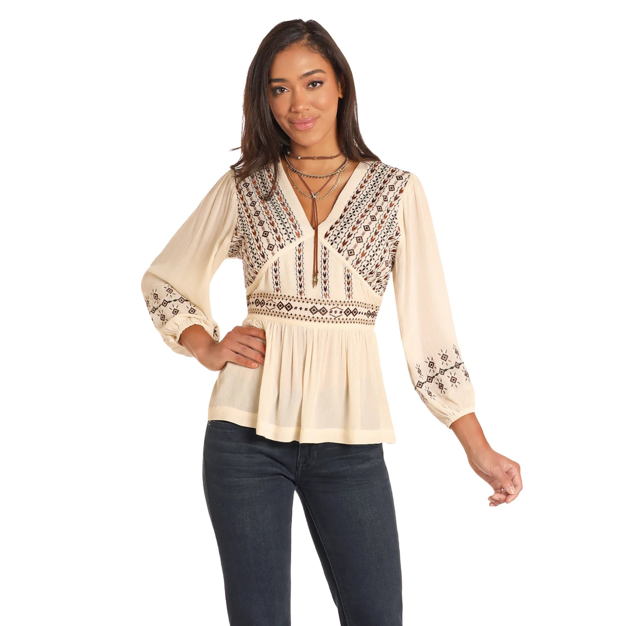 Rock & Roll Women's Empire Waist Embroidered Top- Cream