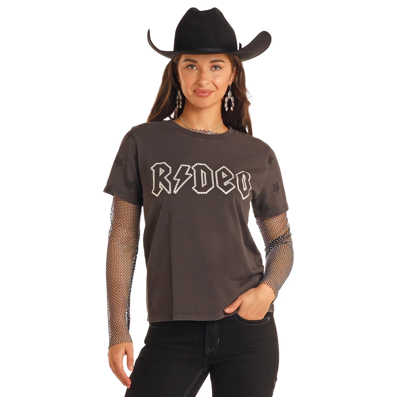 Rock & Roll Women's Rhinestone Rodeo T-Shirt - Charcoal