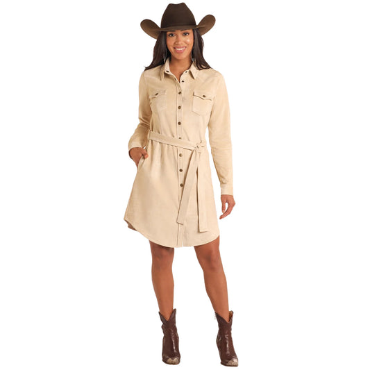 Panhandle Women's Microsuede Self Tie Snap Dress - Taupe