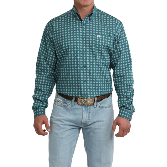 Cinch Men's Long Sleeve Geometric Print Shirt-Green