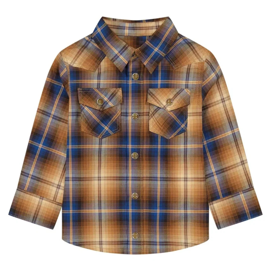 Wrangler Baby Boy Long Sleeve Western Plaid Snap Shirt- Brown