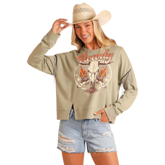Rock & Roll Women's Long Sleeve Howdy Pullover- Jade