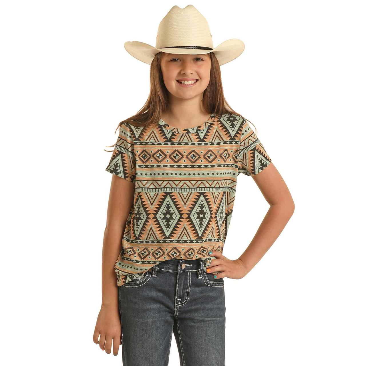 Rock & Roll Girl's Aztec Printed Tee - Tan/Green