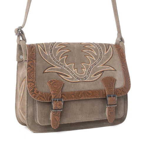 Myra Amberwood Suede Leather Boot Embroidered Bag- Olive Taupe
