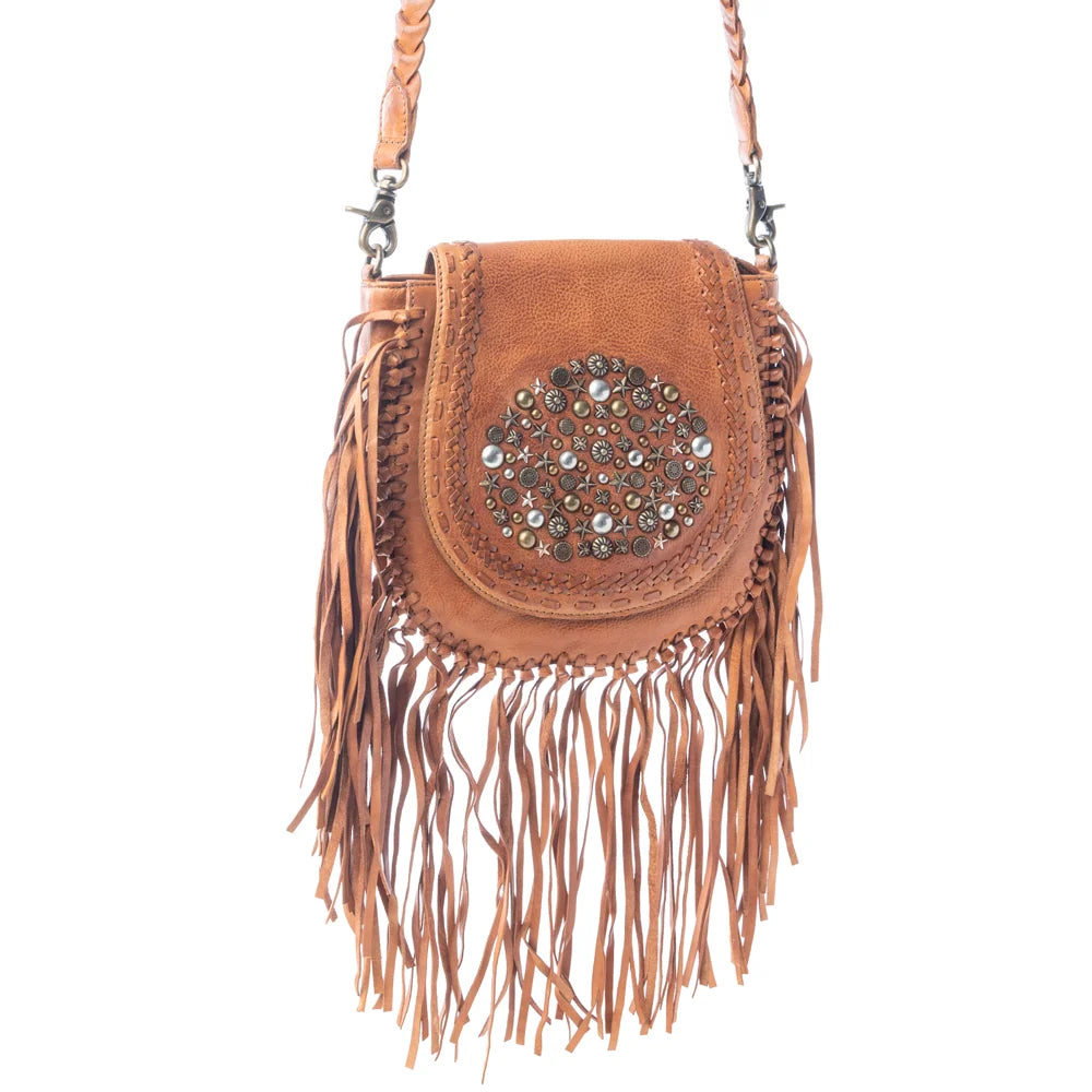 Myra Festival Ember Studded Leather Bag with Fringe- Western Clay