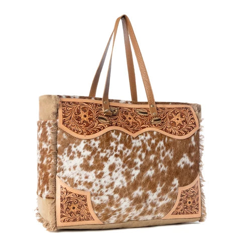 Myra Santa Fe Hand tooled with Hair On and Studs