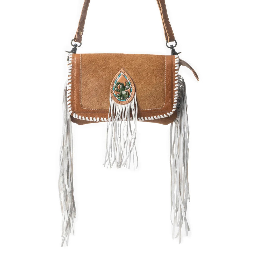 Myra Silver Unicorn Leather and Hair On Bag- Tan