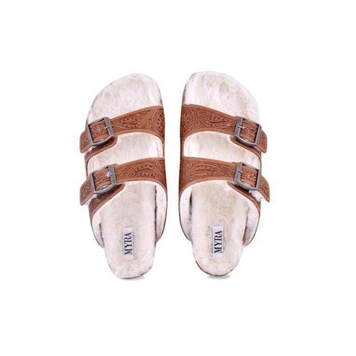 Myra Women's Prairie Winds Hand Tooled Fur Comfort Leather Sandals