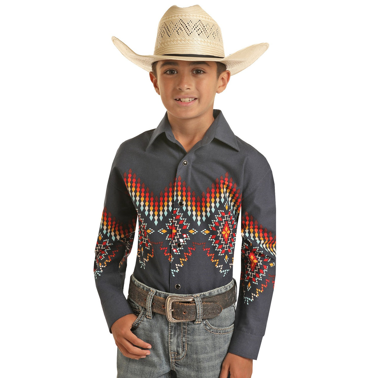 Panhandle Boy's Long Sleeve 2 Pocket Aztec Border Snap Shirt - Navy