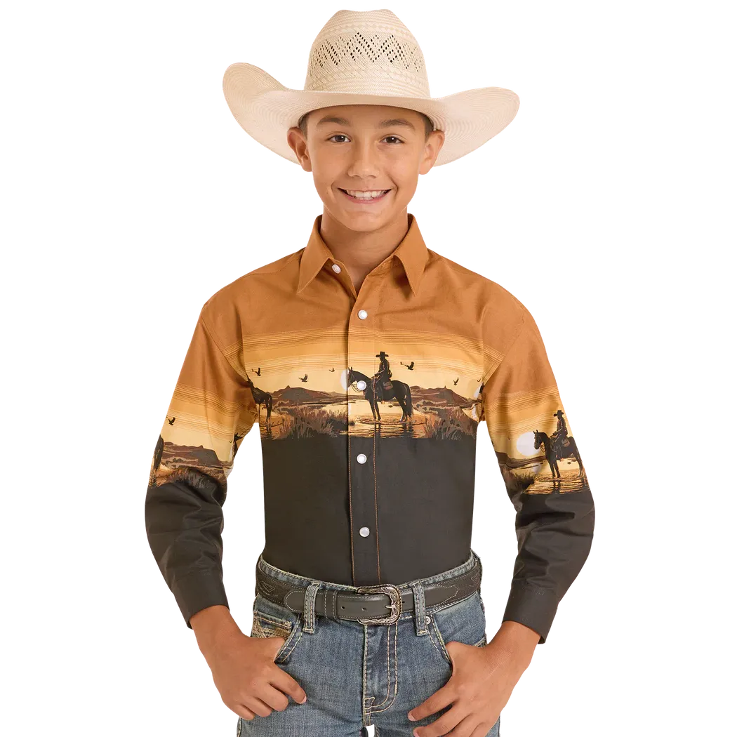 Panhandle Slim Boy's Sunset Border Long Sleeve Snap Shirt - Tan