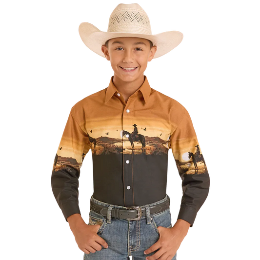 Panhandle Slim Boy's Sunset Border Long Sleeve Snap Shirt - Tan