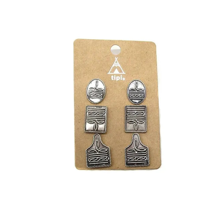 Snowing West 3 Pair Post Bootstitch Earring Set
