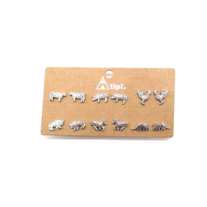 Snowing West 6 Pair Western Etched Animal Earring Set