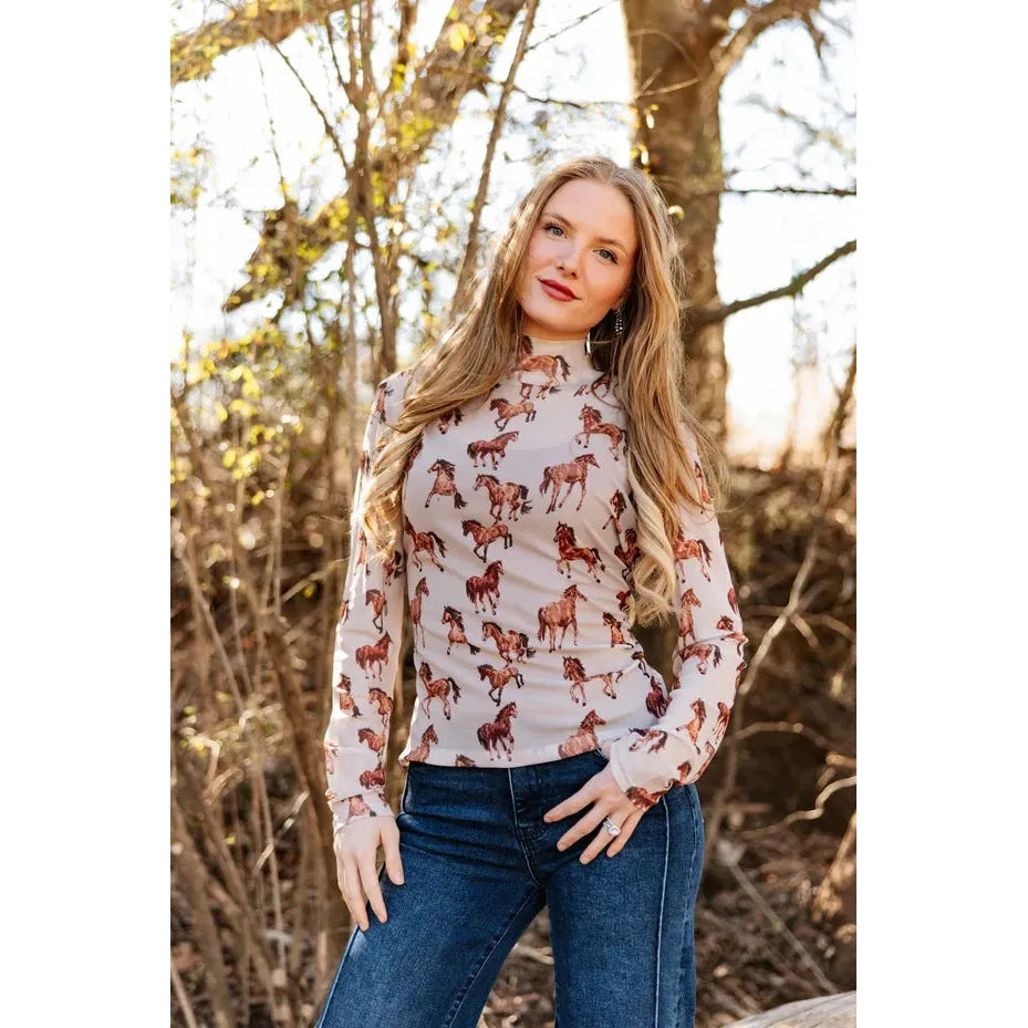 Southern Grace Apparel Women's Mock Neck Horse Print Top-Tan