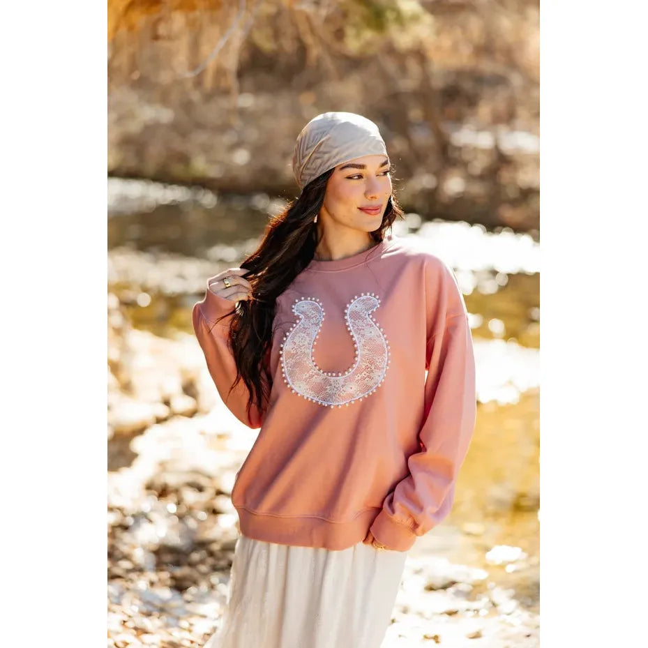 Southern Grace Apparel Women's Lace Horseshoe Sweatshirt- Pink