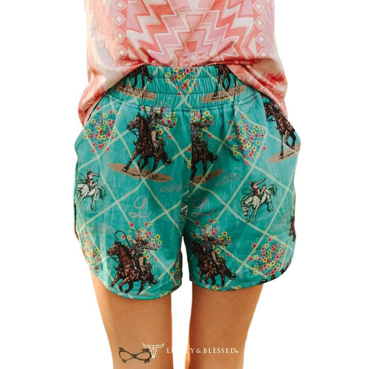 Lucky & Blessed Women's Western Cowboy Printed High Rise Shorts - Jade