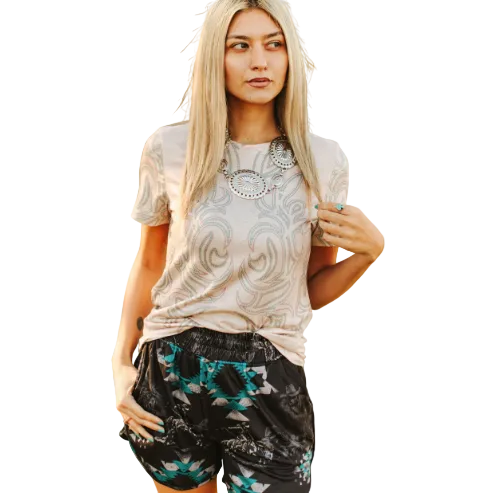 Lucky & Blessed Women's Aztec Printed Elastic High Rise Shorts  - Black