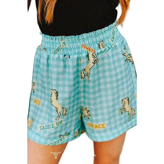 Lucky & Blessed Women's Horse Print High Waist Checkered Print Shorts