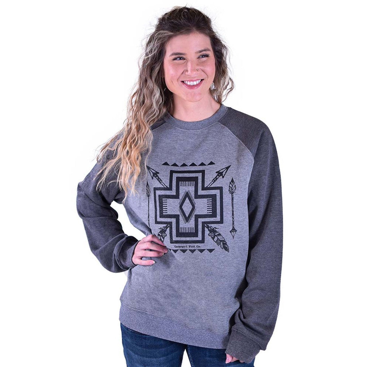 Cowgirl Tuff Unisex Crew Neck Sweatshirt - Aztec Graphic - Graphite