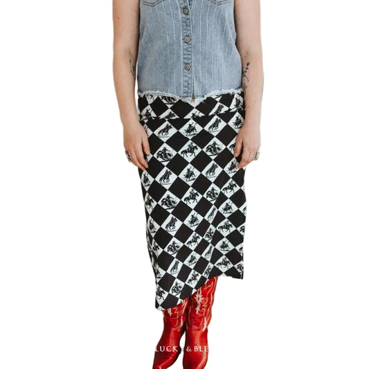 Lucky & Blessed Women's Checkered Print Side Slit Skirt - Black/White