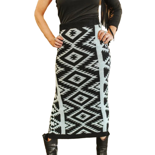 Lucky & Blessed Women's Aztec Knit Long Tube Skirt - Black Ivory