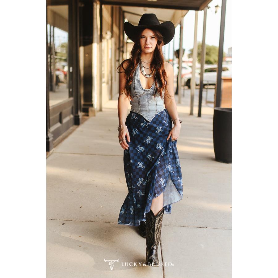 Lucky & Blessed Women's Western Ruffle Edge Checkered Skirt - Blue/Black