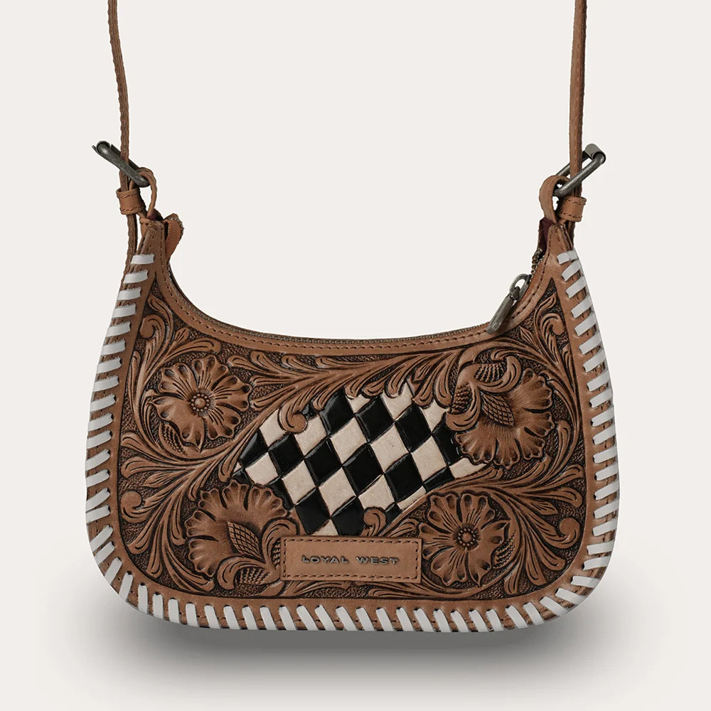 Myra  Handtooled Dannia Medium Checkered Purse- Multi