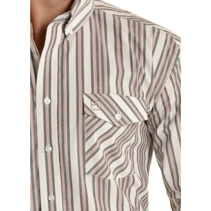 Panhandle Slim Men's Classic 2 Pocket Long Sleeve Stripe Shirt - Tan