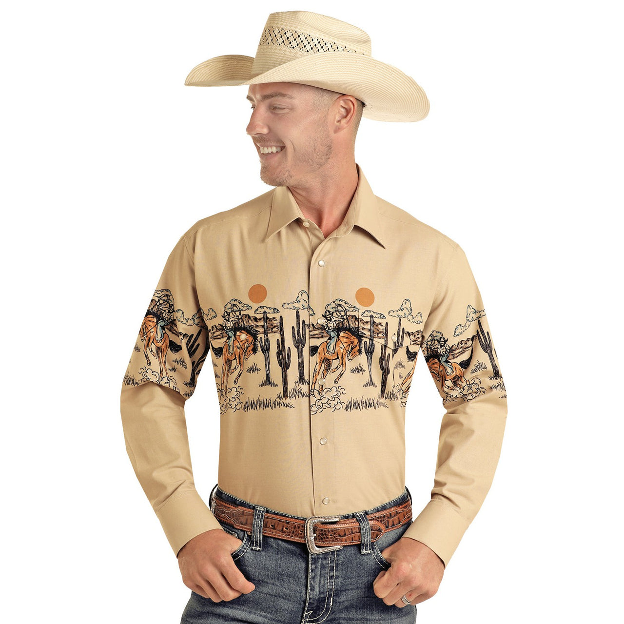 Panhandle Men's Bronc Long Sleeve Snap Button Shirt - Tan