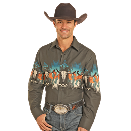 Panhandle Men's Aztec Skull Border Long Sleeve Snap Button Shirt -