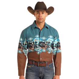 Panhandle  Men's Long Sleeve Cowboy Border Print Shirt- Peacock