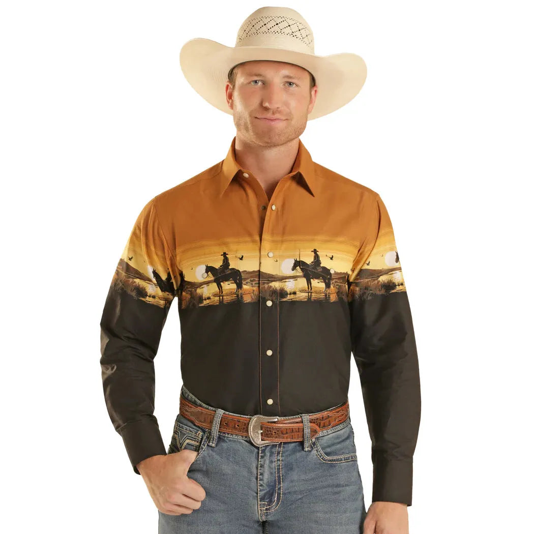 Panhandle Slim Men's Sunset Border Long Sleeve Snap Shirt - Tan
