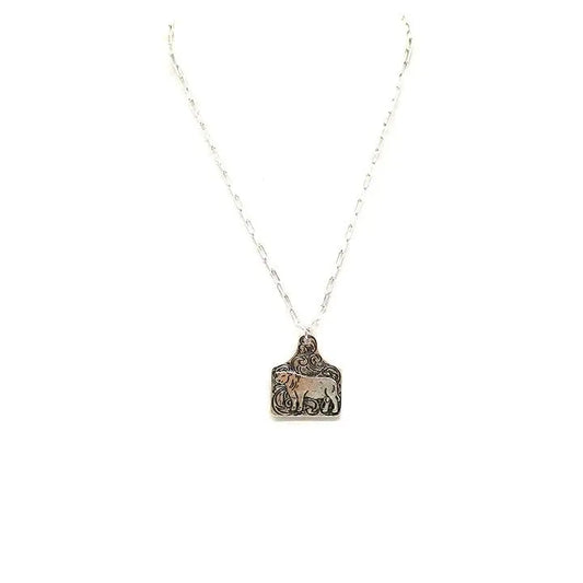 Snowing West Cow Etched Cattle Tag Necklace