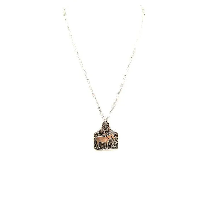 Snowing West Donkey Etched Cattle Tag Necklace