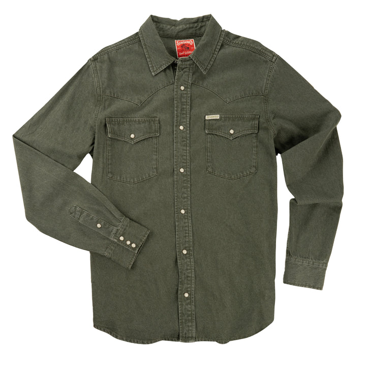 Sendero Men's The Wyatt Pearl Snap Long Sleeve Denim Shirt - Faded Olive - Irvine Tack & Western Wear